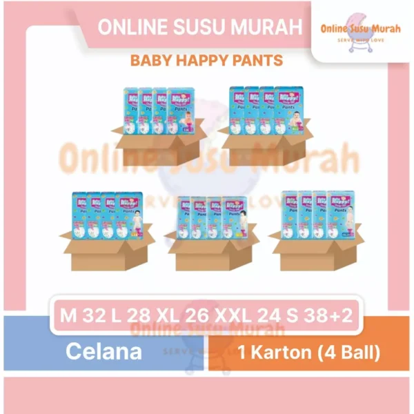 Baby Happy Pants 4 Ball / 1 Karton | Popok Celana Bayi M32 L28 XL26 XXL24 S38+2 PCS | Harga Hemat