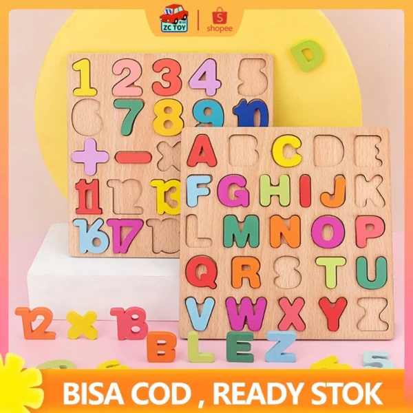 ZCTOY Puzzle Kayu Edukasi Anak 20CM | Huruf, Angka & Bentuk Geometri | Mainan Kayu Belajar Seru