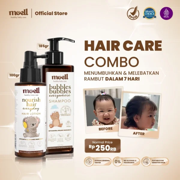 Moell Hair Care Shampoo 185gr & Hair Lotion 100ml – Perawatan Rambut Anak & Bayi dengan Panax Ginseng, Minyak Kemiri & Biotin