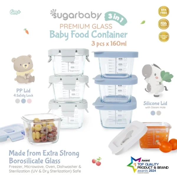SugarBaby Premium Glass Jar Baby Food Container 3 pcs BPA FREE | Wadah MPASI Bayi dengan Tutup Silicone & Plastik