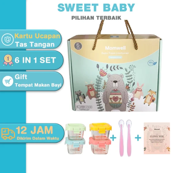 Sweet Baby 6 in 1 Set Tempat MPASI Kaca | Hampers Bayi & Baby Gift Set + Sendok MPASI Silikon